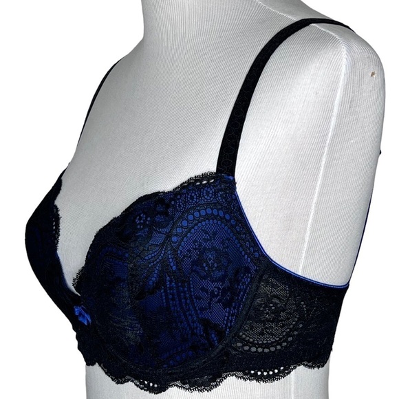 Le Mystere Isabella All Over Lace Bra Cobalt Blue Black Style 2535 Size 32E - Picture 3 of 12
